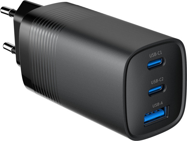 TA-UC-PDQC65-01-BK Gembird 3-port 65W GaN USB PowerDelivery fast charger, black
