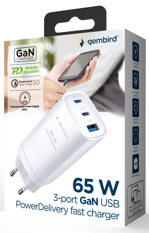 TA-UC-PDQC65-01-W Gembird 3-port 65W GaN USB PowerDelivery fast charger, white