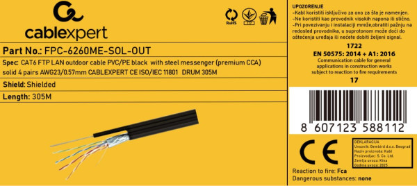 FPC-6260ME-SOL-OUT Gembird FTP cat6 Outdoor, solid 23AWG, 0,57mm PREMIUM CCA kotur pun presek 305m