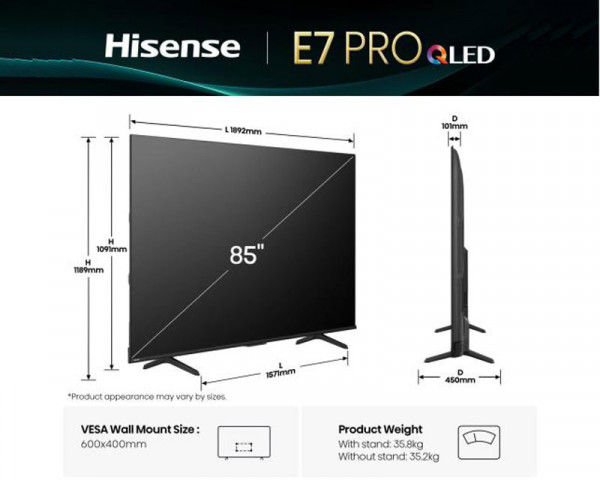 HISENSE 85 inča 85E7Q PRO QLED 4K UHD Smart TV 