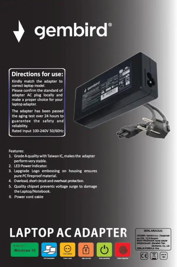 Gembird NPA90-190-4740 (AC09) ** punjac za laptop 90W-19V-4.74A, 5.5x1.7mm yellow (804)